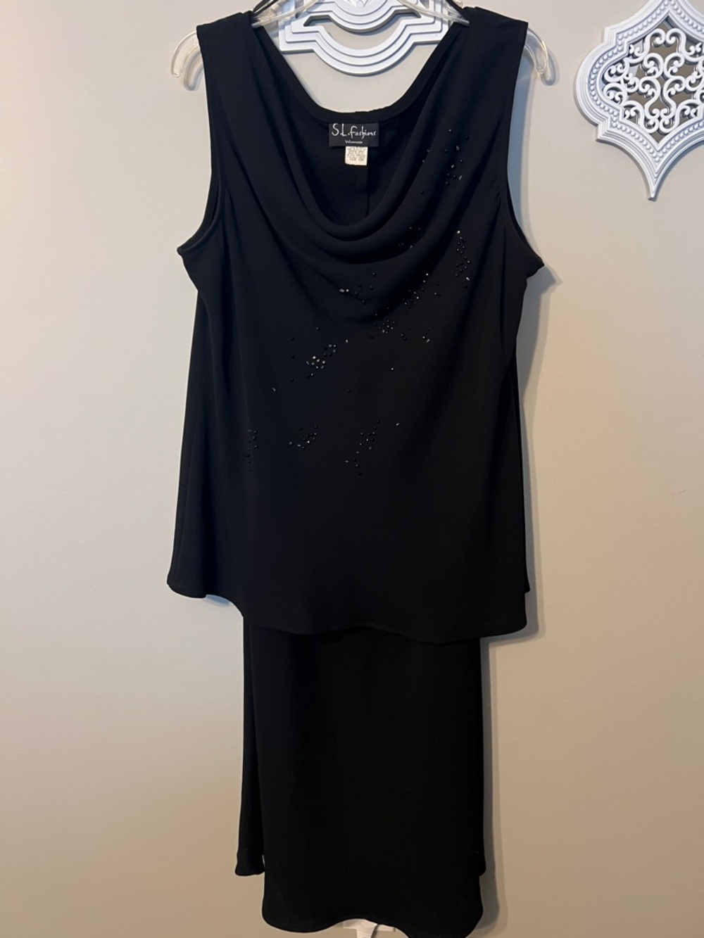 SL Fashions Black Sleeveless Cowl Neck Dress Set with Subtle Embellishments